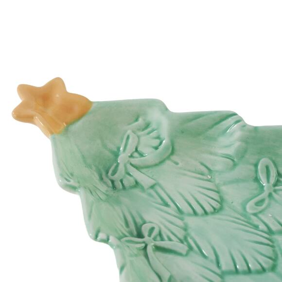 Set 4 Ceramic Pink Green Christmas Tree Sculpted Appetizer Plates Tray Platters - Picture 5 of 5